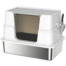 Comparer les prix de Bac à litière grand format pour chat en acier inoxydable avec pelle incluse - Design moderne gris clair 60.2x40.2x44.5cm
