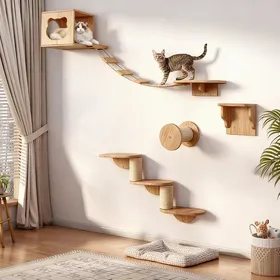 Comparer les prix de Mur descalade pour chats XXL Ensemble de 4 pièces en bois avec grotte pour chats pont suspendu escalier et colonne en sisal