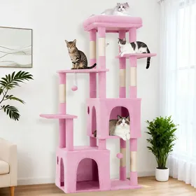Meilleurs prix pour Arbre à chat multiniveau - GARVEE - avec griffoir plateforme jouets suspendus intégrés et 2 cabanes Hauteur 155 cm - Rose