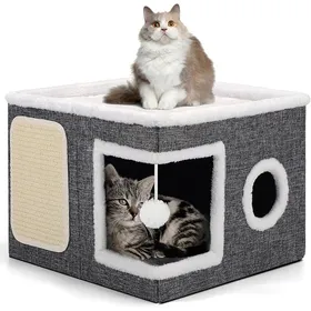Comparer les prix de Lits d& 39 intérieur Pliables pour Chat 43 x 43 x 32 cm Grande Maison pour Chat avec Niche Confortable Boule Gris 2 LITS SUPERPOSES
