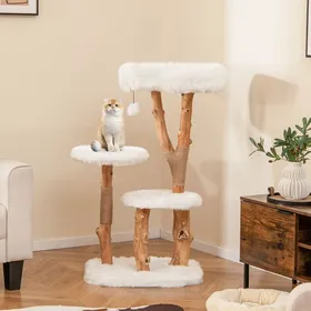 Meilleurs prix pour GOPLUS Arbre a Chat a 4 Niveaux avec 2 Plateformes Rondes, Perchoir Supérieur, Poteaux à Gratter, Poteau en Bois de Poirier Massif