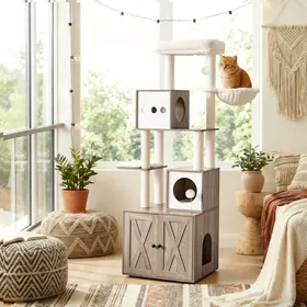 Meilleurs prix pour Arbre à Chat Moderne de 178 cm avec Enceinte pour Litière Grège