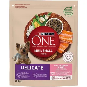 Comparer les prix de Croquettes pour Chien Purina One Mini Saumon et Riz 8 Sacs de 800 g