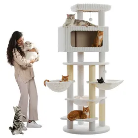 Comparer les prix de PAWZ Road Arbre à Chat XXL Moderne avec Grande Niche Carrée Hamacs et Poteaux Griffoirs en Sisal 213 cm Beige