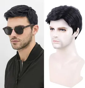 Meilleurs prix pour Perruque Synthétique Courte Noire Pour Hommes,Postiche Naturelle Moelleuse,Cheveux Complets,Perruque De Costume D'Halloween