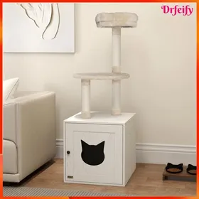 Meilleurs prix pour Arbre à chat avec maison de toilettes - AKOZON - 11709 - Crème - 47x52x129 cm - Cache-litière dissimulée