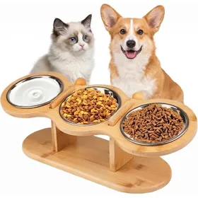 Comparer les prix de Gamelle surélevée pour chat 3 en 1 - Support en bambou réglable avec 3 bols en acier inoxydable - Confort ergonomique