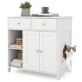 Comparer les prix de COSTWAY Meuble pour Bac à Litière Caché avec Rangement, 2 Tiroirs, Kits Anti-basculement, Armoire d'Intérieur Moderne pour Chat