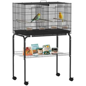 Comparer les prix de Cage à oiseaux - PawHut - séparateur 4 perchoirs plateau coulissant 4 mangeoires étagère roulettes - acier - 76x46x116cm - noir