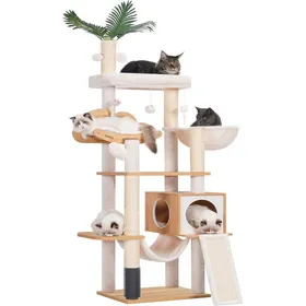 Comparer les prix de Arbre à chat en bois - HOLISANE - 156 cm - 5 griffoirs - Panier fixe bidirectionnel - Plateforme spacieuse