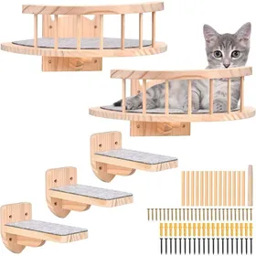 Comparer les prix de Hamac Mural Pour Chat Avec 2 Étagères Et Perche - Meuble Avec 3 Marches - En Bois Massif Recouvert De Peluche Pour Escalade D