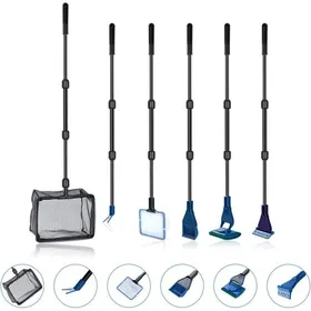 Meilleurs prix pour Kit Nettoyage Aquarium 6 en 1 avec Filet Épuisette Râteau à Gravier Pince à Plantes Raclette Éponge et Connecteur (6 in 1)