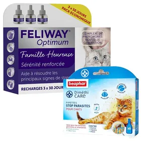 Meilleurs prix pour FELIWAY Optimum - Pack de 3 recharges Anti Stress Calmant - 3 X 48 ml + BEAPHAR 6 Pipettes - Pour chat