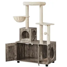 Meilleurs prix pour Yaheetech Arbre à Chat avec Litière Table d'appoint avec Niche Panier Plateforme Cachettes Armoire, Grège/Beige