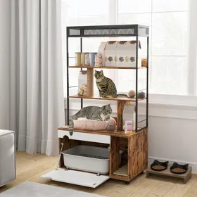 Meilleurs prix pour Meuble Litière 2-en-1 Chat 80x48x152cm Marron - Cache-Bac 3 Étages Griffoir Et Niche Intégrée Avec Porte Pour Chat