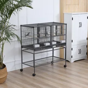Meilleurs prix pour Double cage à oiseaux en métal avec plateaux amovibles support stable 4 roues et étagère 95 x 455 x 102 cm noir gris