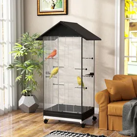 Comparer les prix de MOTHINESSTO3265-Cage oiseau sur pied volière oiseaux intérieure sur roulettes 2 mangeoires 8 perchoirs 79 x 65 x 155 cm fil dacier
