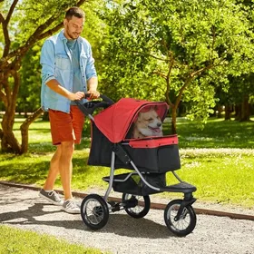 Meilleurs prix pour Poussette Pour Animaux Poussette pliable 3 roues pour chien/chat Oxford Rouge Noir 109x54x106cm - Transport confortable