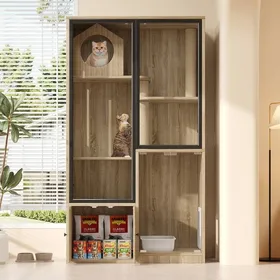Comparer les prix de Maison enclos chat intérieur bois 90x50x160cm Naturel MDF escalade porte fermable habitat adapté chat chinchilla sans bac litière