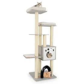Meilleurs prix pour COSTWAY Arbre à Chat Multi-Niveaux en Bois 2 Perchoirs en Peluche Grand Condo pour Chat avec Poteaux en Sisal Tapis Lavables