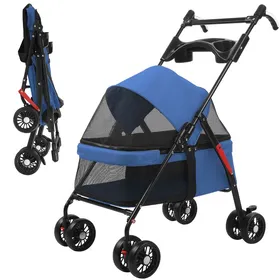 Comparer les prix de Poussette pliable pour animal de compagnie - pliable - 4 roues - pour chien / chat  chiot de petite et moyenne taille - Bleu