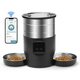 Comparer les prix de Distributeur Automatique Croquettes Chat Chien Wifi 4.5L - Gamelle Connectée Double Bol Inox - Mangeoire Intelligente Programmable
