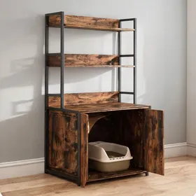 Comparer les prix de Meuble cache-litière grand format avec étagères de rangement - Structure bois et métal marron - 89 5 x 45 x 132 cm