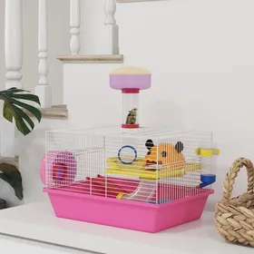 Comparer les prix de MOTHINESSTO2453-Cage à hamster rat rongeur multicolore avec plateforme biberon eau roue maisonnette 34 x 27 x 25 cm rose