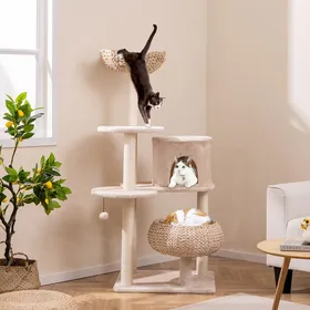 Comparer les prix de GOPLUS Arbre à Chat de 150 cm à 5 Niveaux, Griffoirs en Sisal,  Balle Suspendue en Peluche, Coussins Amovibles et Lavables