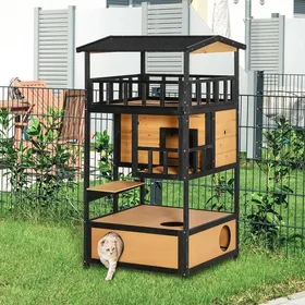 Meilleurs prix pour Niche Maison chat bois sapin 4 niveaux escaliers toit asphalte résistant hiver jaune 75x75x137cm extérieur terrasse