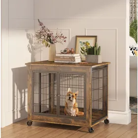 Comparer les prix de Chenil pour chien dintérieur meuble en bois double porte roulettes marron 80 × 56 × 695 cm - UVRION