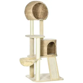 Comparer les prix de Arbre A Chat Avec Niche Rotin + Plateformes&hamac&rampe Système Anti-basculement Peluche Beige 60x60x150cm