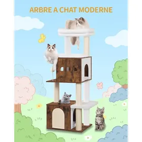 Meilleurs prix pour 130 cm Arbre a Chat Arbre a Chat Bois Grande Plateforme 2 Niches 4 Griffoirs Hamac 3 Pompons Marron Rétro