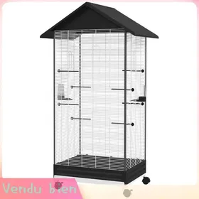 Comparer les prix de LIA Cage oiseau sur pied volière intérieure roulettes 2 mangeoires 8 perchoirs 79x65x155 cm noir