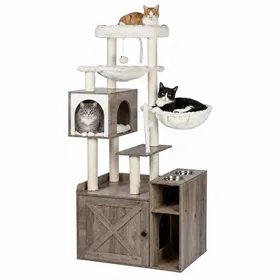 Meilleurs prix pour Relaxdays Arbre à chat avec meuble litière + station repas 144x71x455 cm poteaux sisal couchage bois clair