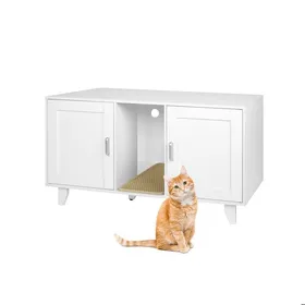 Meilleurs prix pour Meuble pour litière Relaxdays XXL 2 compartiments niche pour chat avec tapis HxLxP 65x120x52 cm blanc