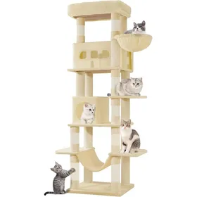 Comparer les prix de 170 cm Grand Arbre à ChatTour à Chat dintérieur avec Grand PerchoirTapis Lavable2 Niches Chats8 GriffoirsHamacPomponsBeige