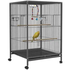 Comparer les prix de Cage oiseau sur pied - PawHut - sur roulettes - avec balançoire perchoirs portes bols et plateau coulissant - 48x46x74cm - noir
