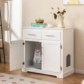 Meilleurs prix pour GOPLUS Meuble 3 en 1 pour Litière de Chat, Maison Cachée en Bois, avec Doubles et Entrée Latérale, pour Salon, Blanc