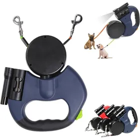 Meilleurs prix pour Laisse Double Rétractable 5m Bleue Système Anti-Enchevêtrement 360° et Réfléchissant pour 2 Chiens .