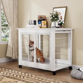 Meilleurs prix pour Niche Chien Intérieur Meuble - 80x56x69.5 cm - Toit Ouvrant et Roulettes 360 - Cage Table Appoint Robuste - Acier et Bois - Blanc