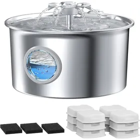 Comparer les prix de Fontaine à Eau Automatique pour Chats INOX 26L - Cascade Fleurie Silencieuse Fenêtre de Niveau - Kit 6 Filtres + 3 Éponges Inclus