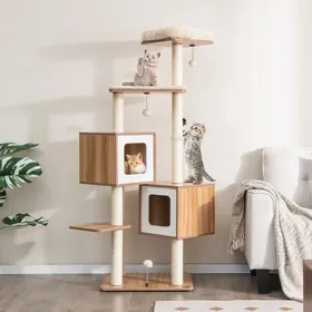 Meilleurs prix pour Arbre à chat moderne naturel avec perchoirs condos spacieux coussins lavables poteaux sisal base stable 164cm