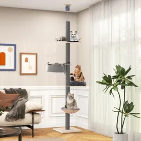 Meilleurs prix pour Arbre à chat sol-plafond gris 236-271cm fixation robuste sans perçage griffoirs sisal hamac panier en jonc stable pour chats