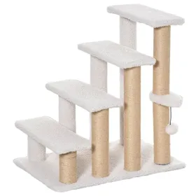 Meilleurs prix pour Escalier 2-en-1 pour Animaux – Blanc – 4 Marches + Griffoir Jute – Balle – Pour Chats/Chiens âgés – 60x40x64 cm