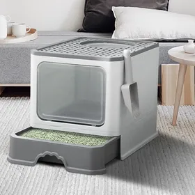 Meilleurs prix pour Bac à litière pliable pour chat toilettes coulissantes pour chat avec pelle à litière pour chat 50*35*38CM gris.