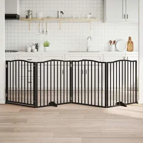 Meilleurs prix pour Barrière pour chiens - vidaXL - 4 panneaux - Noir - Bois de peuplier - 80x90x2 cm - Longueur totale 320 cm