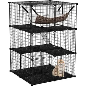 Comparer les prix de COSTWAY Cage pour Animaux à 3 Niveaux de 107 cm, Hamac, 2 Echelles, 3 Portes et 1 Fenêtre, Niche en Fil Métallique Amovible, Noir