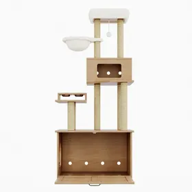 Meilleurs prix pour Arbre Chat Griffoir Moderne Armoire Litière Intégrée - Meuble Tout-en-Un 80x50x173cm avec Plateforme Mangeoire Hamac - Bois Naturel