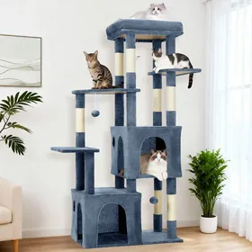 Meilleurs prix pour Arbre à chat multiniveau - GARVEE - avec griffoir plateforme jouets suspendus intégrés et 2 cabanes Hauteur 155 cm - Bleu clair